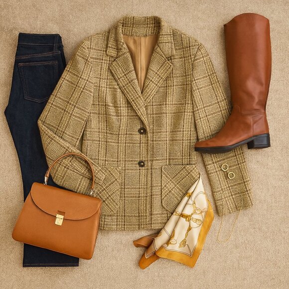 Vintage Jackets & Blazers - Vintage Wool Blazer Camel Plaid 1970s–80s ILGWU – Made in USA, Womens 8 / Medium